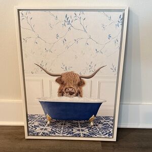 Framed Highland Cow in Bathtub Art Print - Blue and Brown